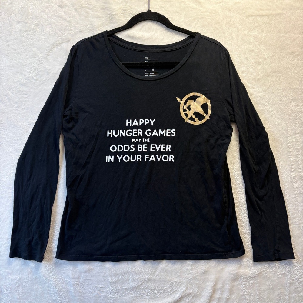 Gap Essential Crew Hunger Games Long Sleeve T Shirt Black Womens Medium